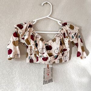 NWT! Kate Quinn Apples Print Long Sleeve Ruffle Crop Top, Size 6-12M